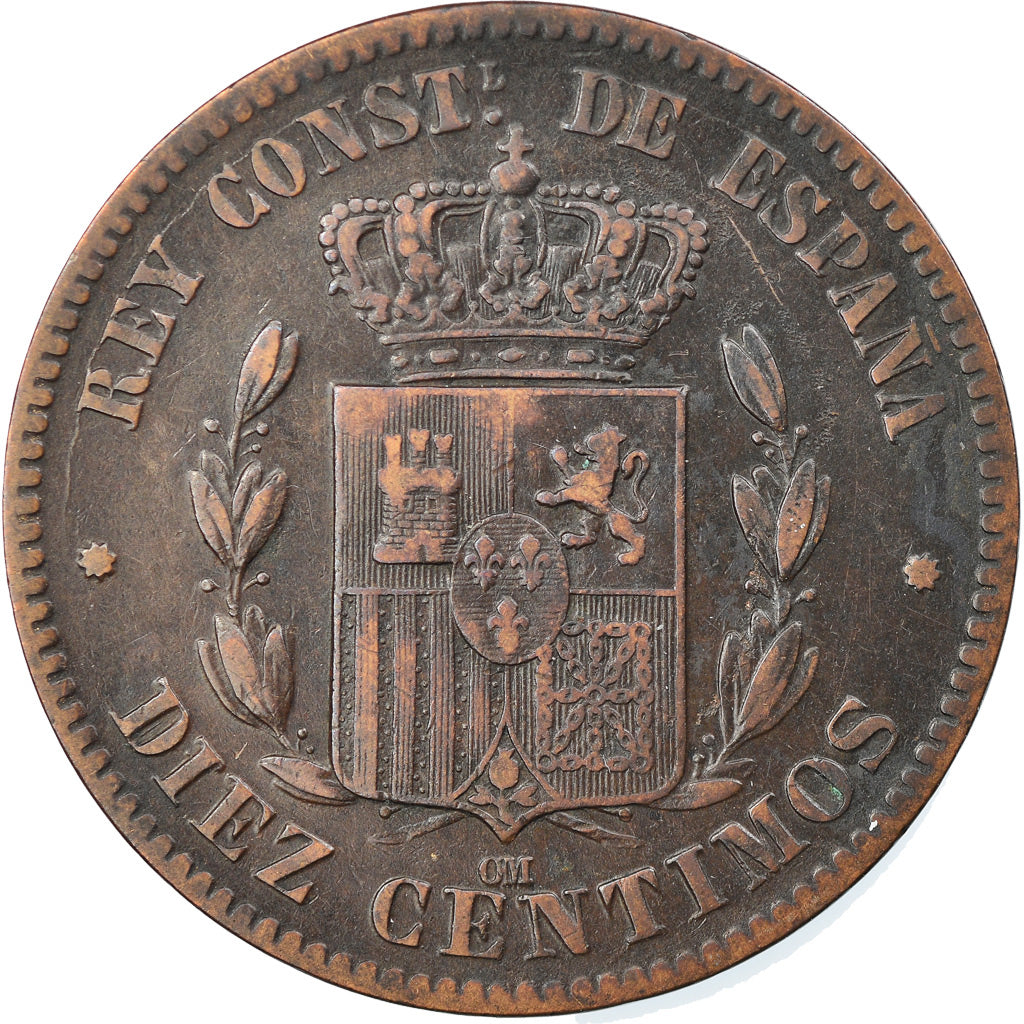 Coin, Spain, Alfonso XII, 10 Centimos, 1879, Barcelona, EF(40-45), Bronze