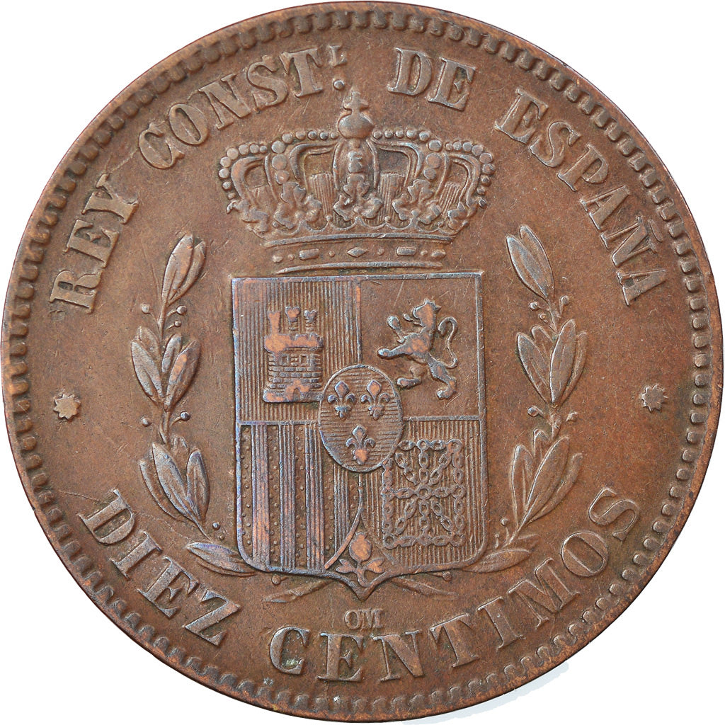 Moneta, Spagna, Alfonso XII, 10 Centimos, 1878, Barcelona, BB+, Bronzo, KM:675