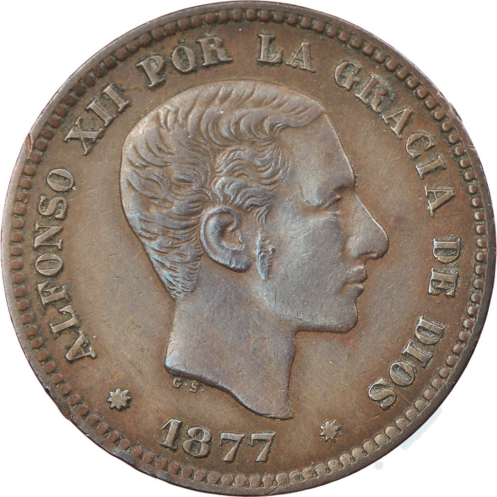 Moneta, Spagna, Alfonso XII, 5 Centimos, 1877, Barcelona, BB+, Bronzo, KM:674