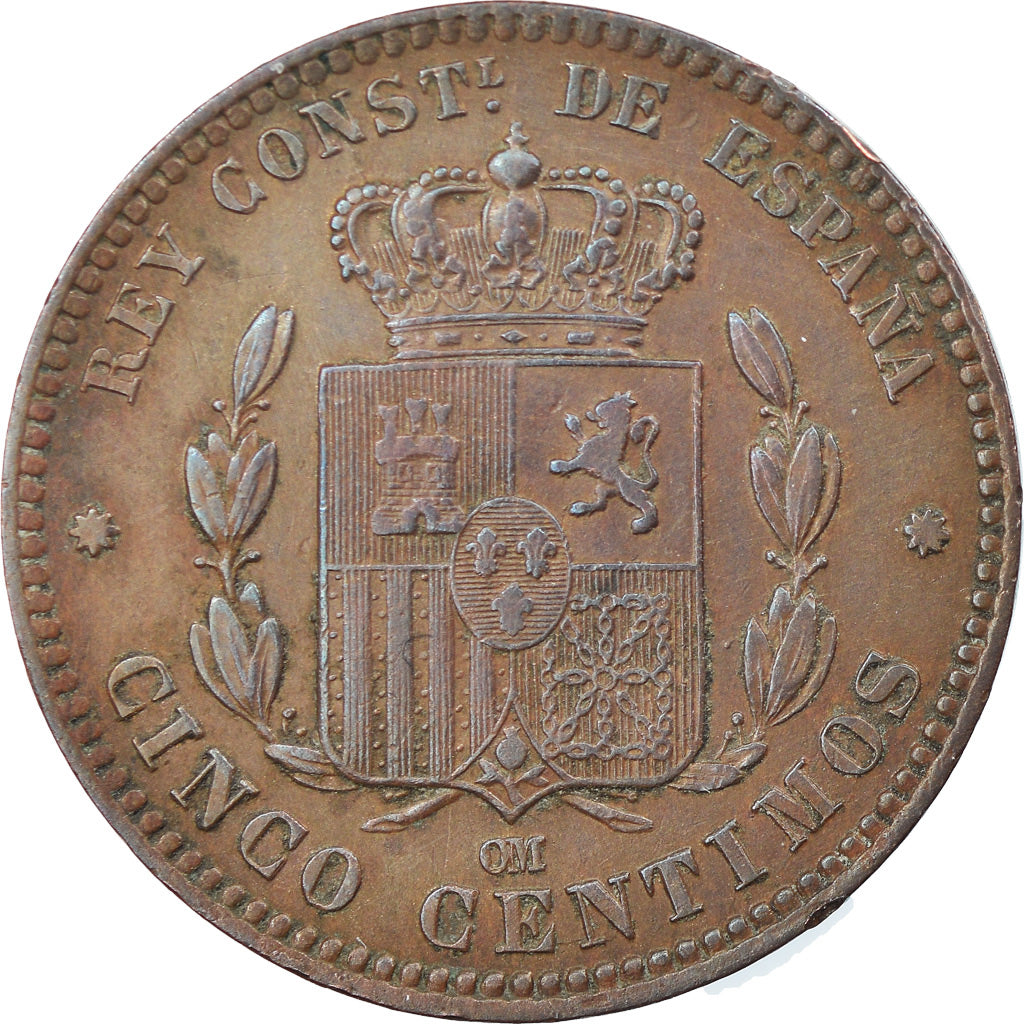 Moneta, Spagna, Alfonso XII, 5 Centimos, 1877, Barcelona, BB+, Bronzo, KM:674