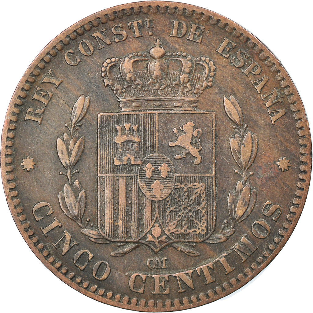 Monnaie, Espagne, Alfonso XII, 5 Centimos, 1879, Barcelona, TTB, Bronze, KM:674