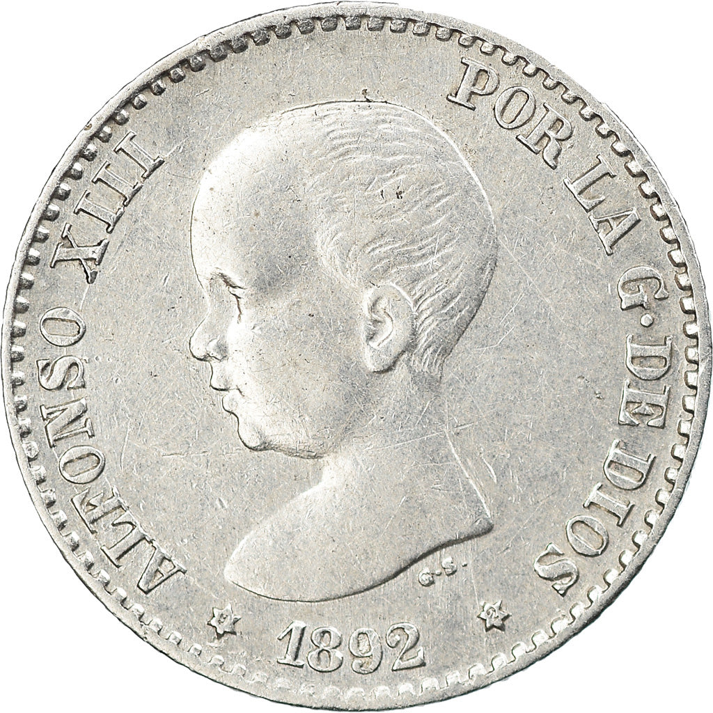 Moeda, Espanha, Alfonso XIII, 50 Centimos, 1892, Madrid, EF(40-45), Prata