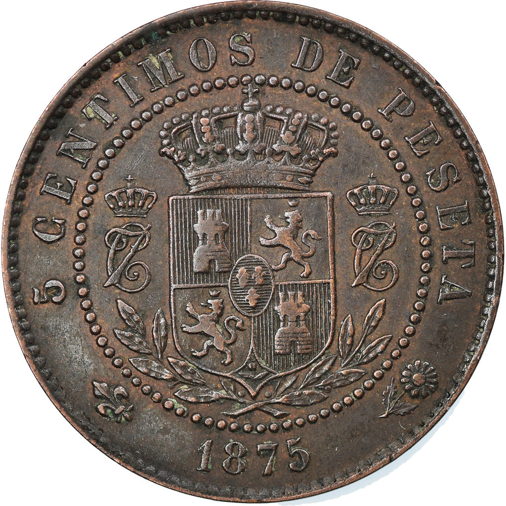 Coin, Spain, Charles VII, 5 Centimos, 1875, AU(50-53), Copper, KM:669