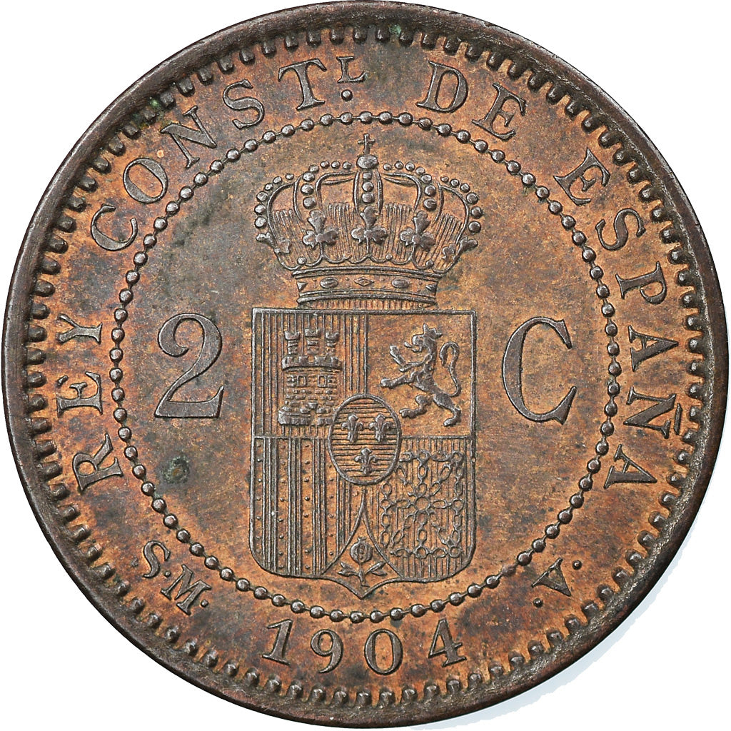 Coin, Spain, Alfonso XIII, 2 Centimos, 1904, Madrid, AU(55-58), Copper, KM:722