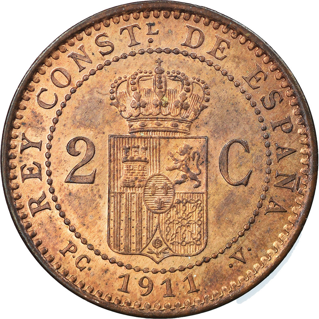 Coin, Spain, Alfonso XIII, 2 Centimos, 1911, Madrid, AU(55-58), Copper, KM:732
