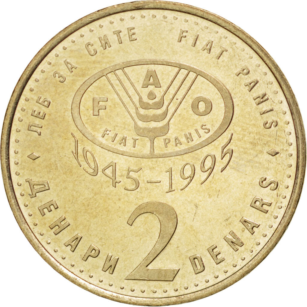 MACEDONIA, 2 Denari, 1995, KM #6a, MS(63), Copper-Nickel-Zinc, 25.5, 6.33