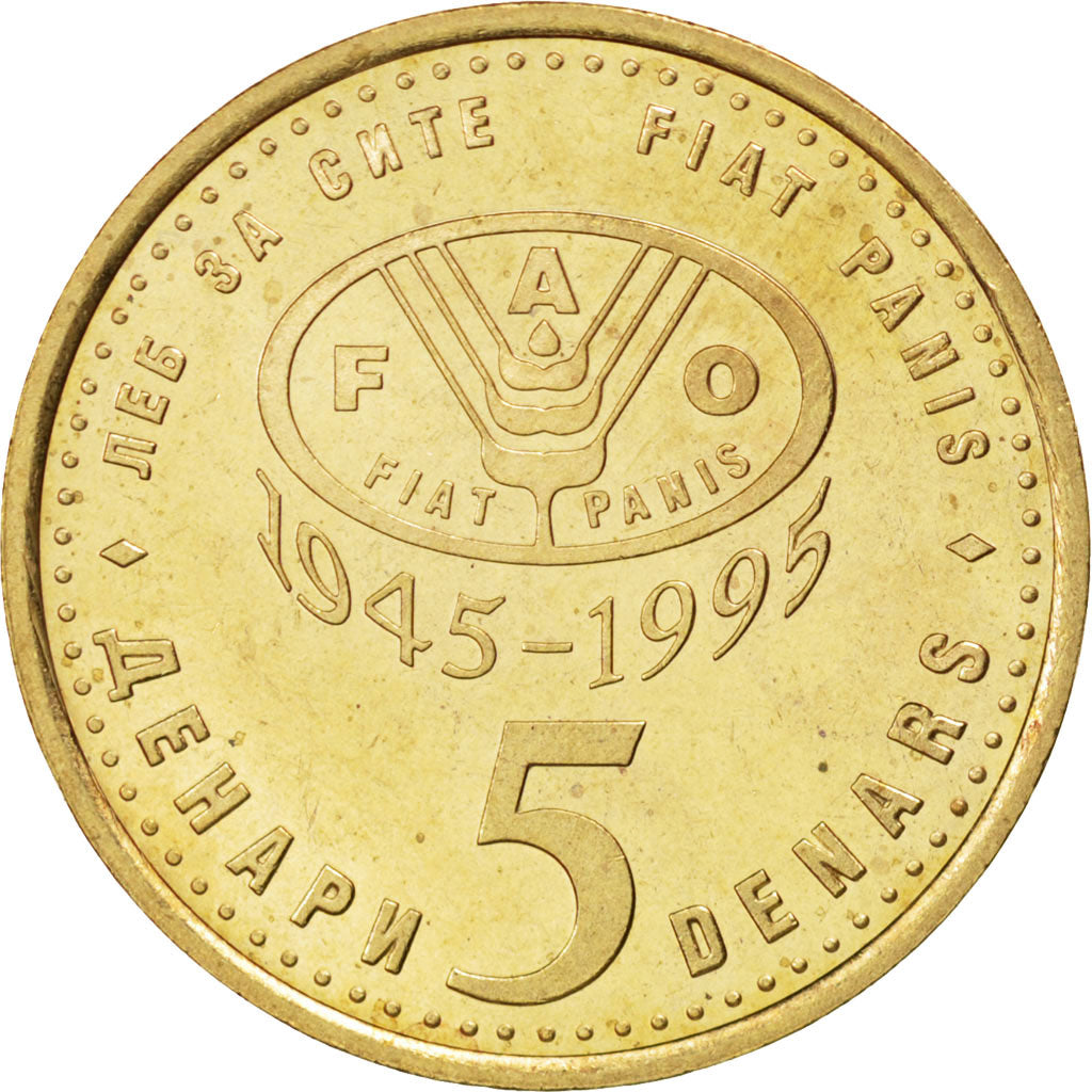 MACEDONIA, 5 Denari, 1995, KM #7, MS(63), Brass, 27.5, 7.27