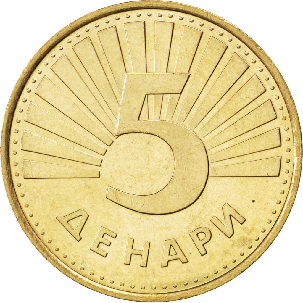 Coin, Macedonia, 5 Denari, 2001, MS(63), Brass, KM:4