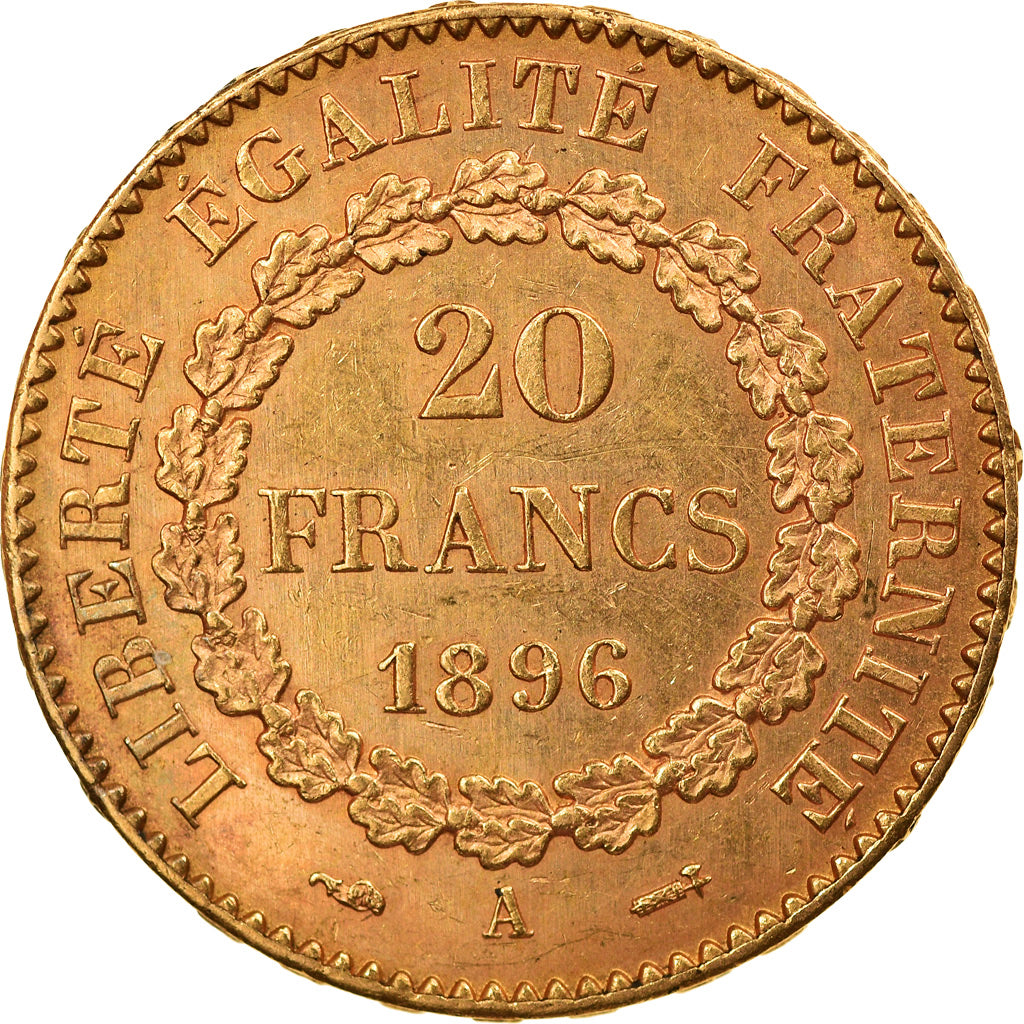 Moeda, França, Génie, 20 Francs, 1896, Paris, AU(50-53), Dourado, KM:825