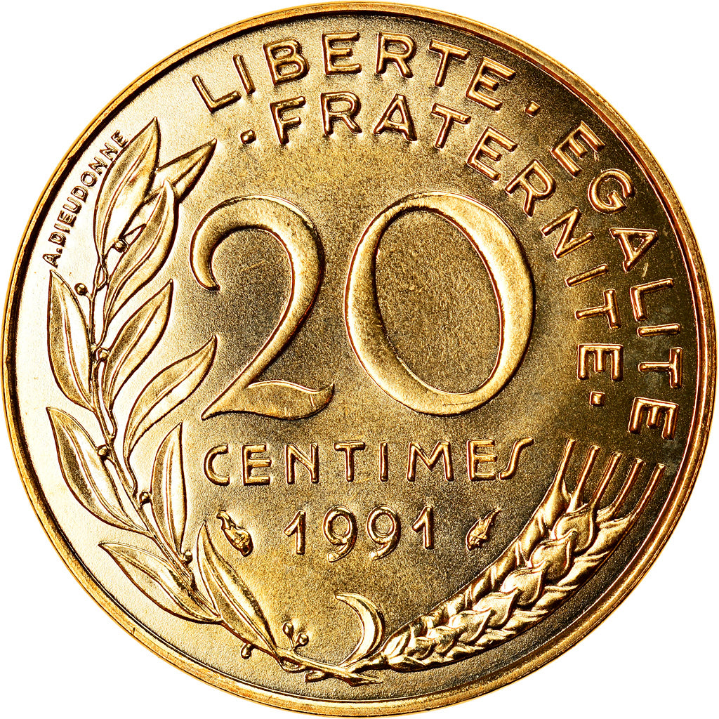 Coin, France, Marianne, 20 Centimes, 1991, Paris, Frappe médaille, MS(65-70)