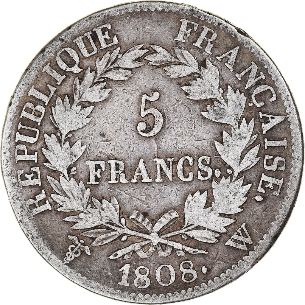 Coin, France, Napoléon I, 5 Francs, 1808, Lille, VF(20-25), Silver, KM:686.14