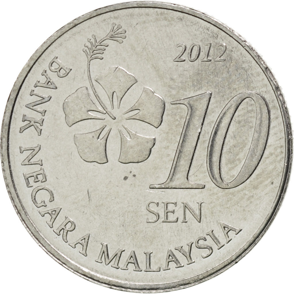 MALAYSIA, 10 Sen, 2012, KM #202, MS(63), Stainless Steel, 18.8, 2.98
