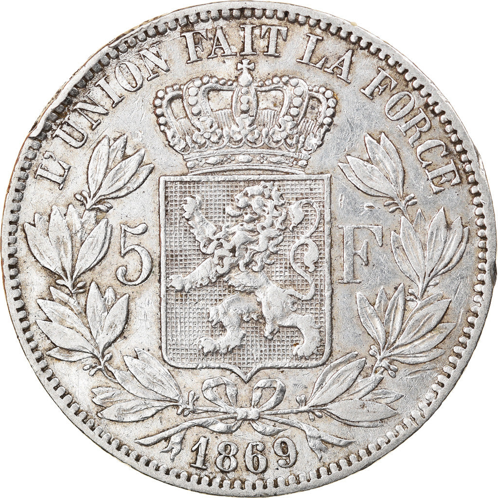 Moeda, Bélgica, Leopold II, 5 Francs, 5 Frank, 1869, VF(30-35), Prata, KM:24