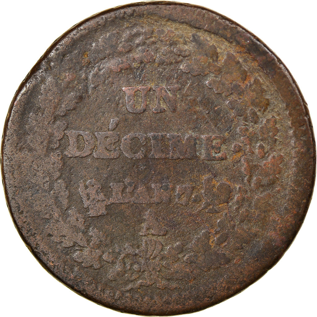 Moneta, Francia, Dupré, Decime, 1798, Paris, MB, Bronzo, KM:644.1, Gadoury:187a