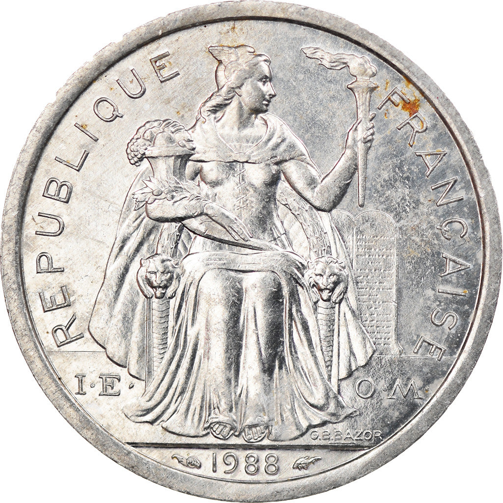 Coin, French Polynesia, 2 Francs, 1988, Paris, AU(55-58), Aluminum, KM:10