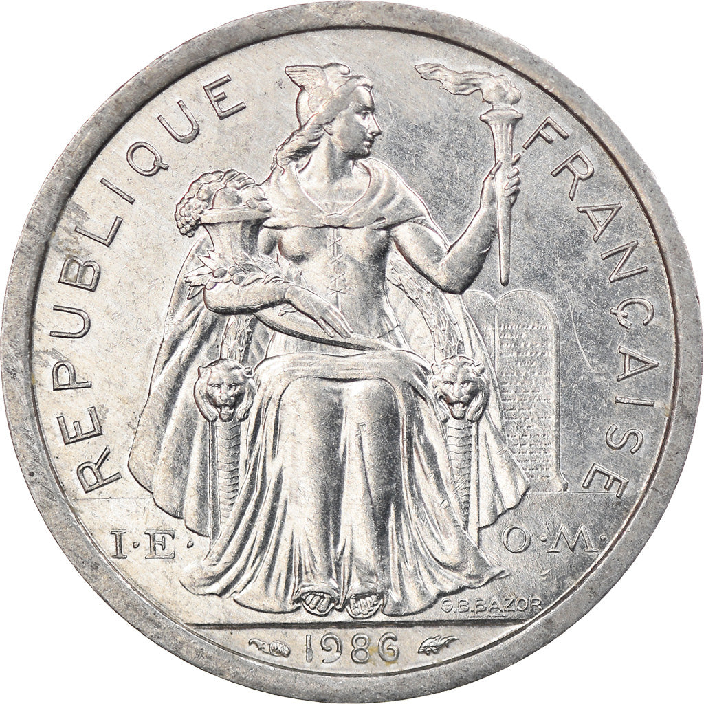 Moeda, Polinésia Francesa, 2 Francs, 1986, Paris, AU(55-58), Alumínio, KM:10