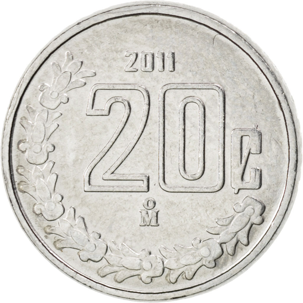 MEXICO, 20 Centavos, 2011, Mexico City, KM #935, MS(63), Stainless Steel, 15.3,.