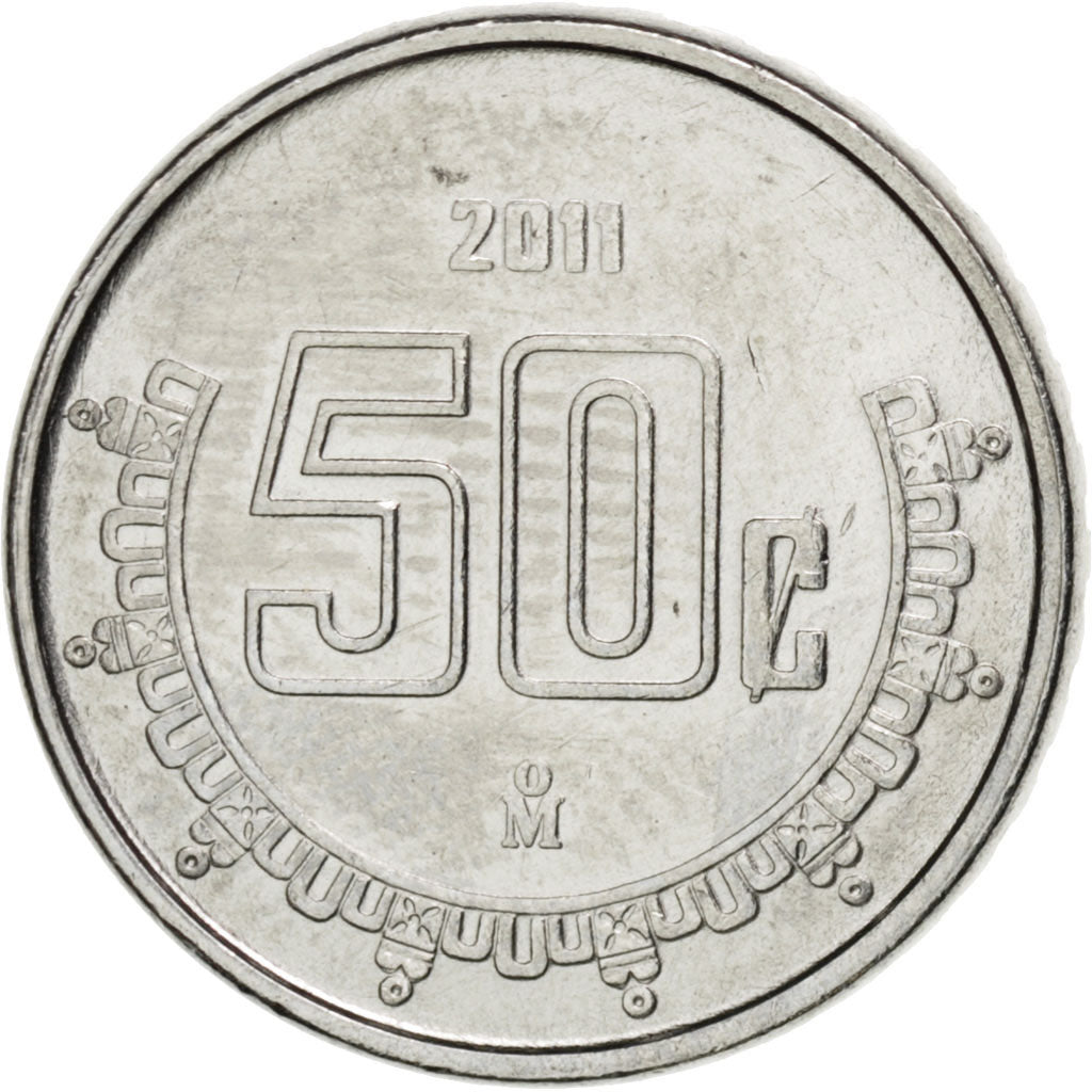 MEXICO, 50 Centavos, 2011, Mexico City, KM #936, MS(63), Stainless Steel, 17,...