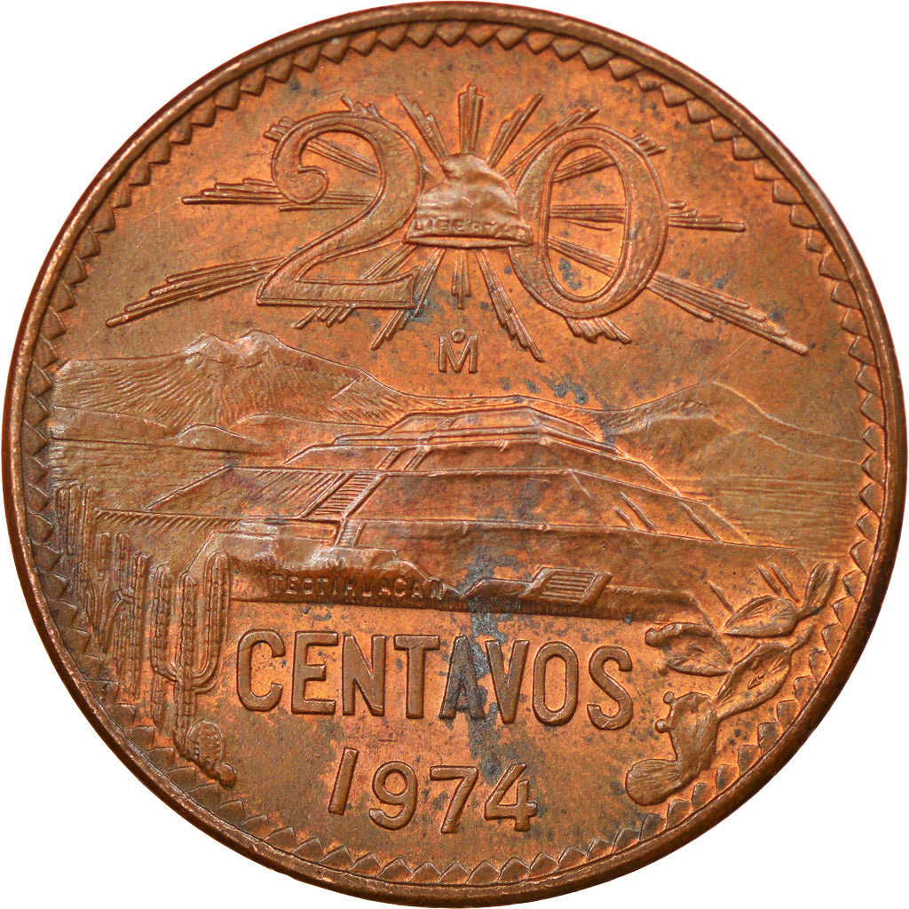 Coin, Mexico, 20 Centavos, 1974, Mexico City, AU(55-58), Bronze, KM:441