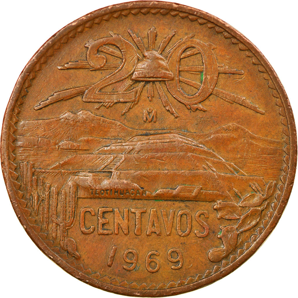 Moneta, Messico, 20 Centavos, 1969, Mexico City, BB+, Bronzo, KM:440