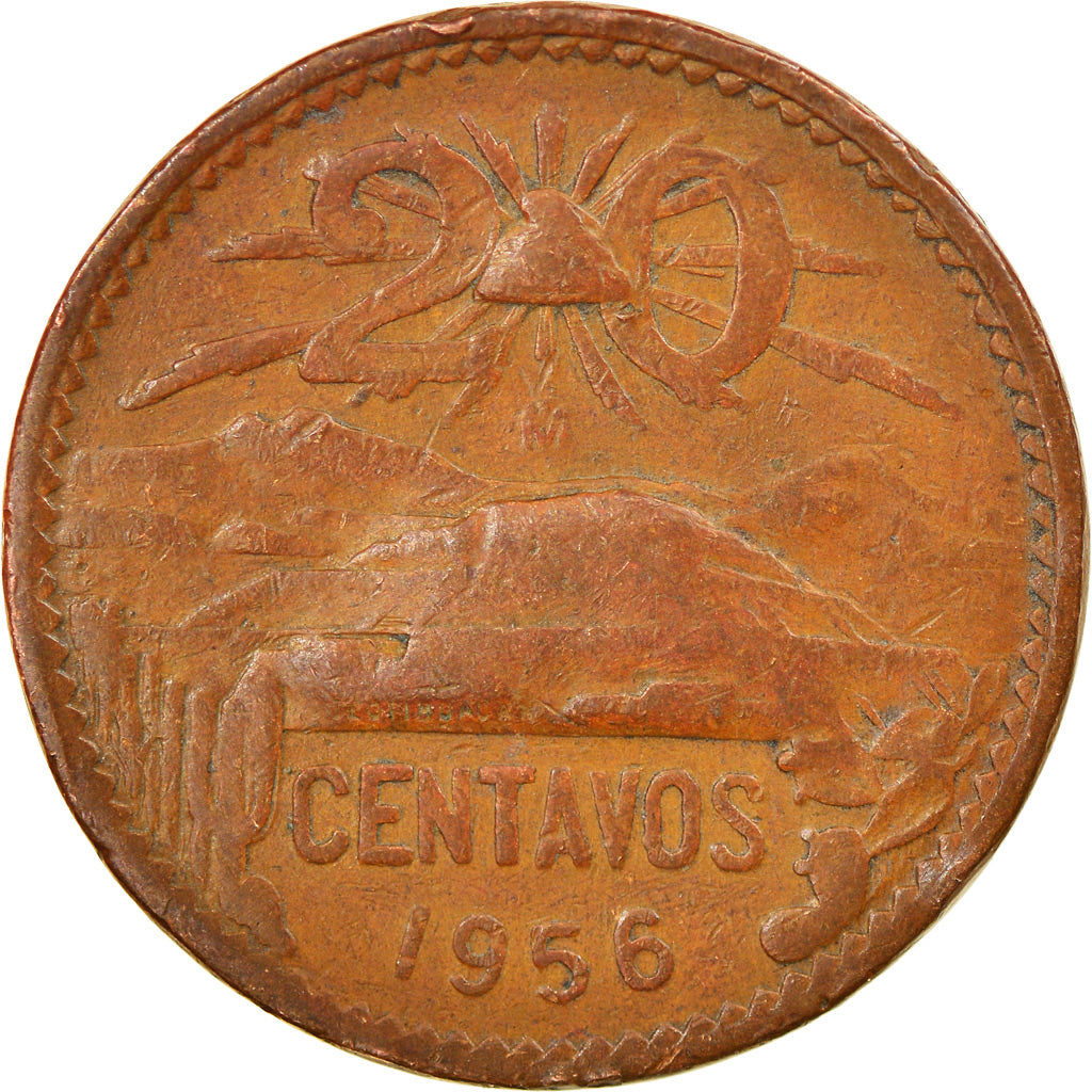 Moneda, México, 20 Centavos, 1956, Mexico City, BC+, Bronce, KM:440