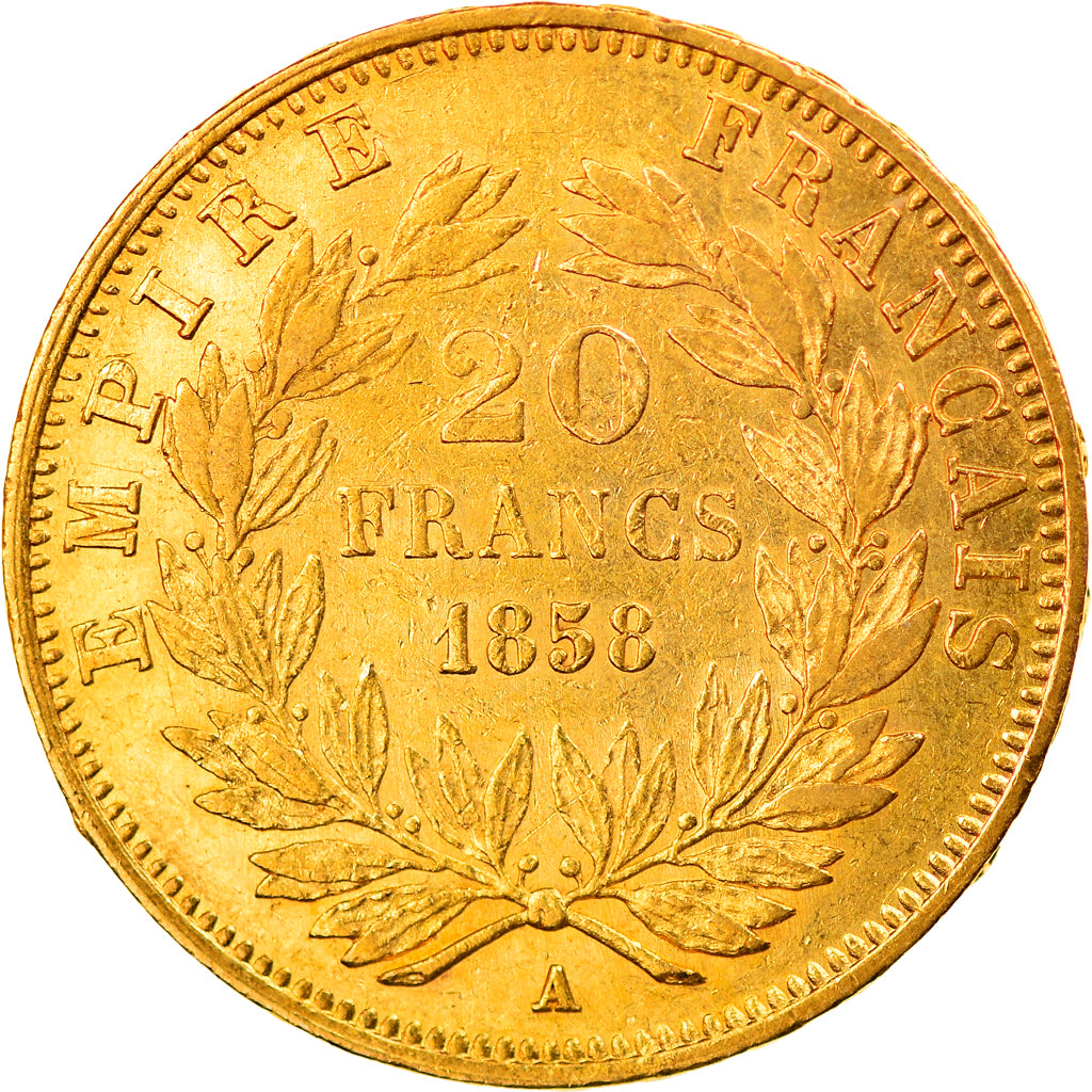 Moeda, França, Napoleon III, 20 Francs, 1858, Paris, AU(50-53), Dourado