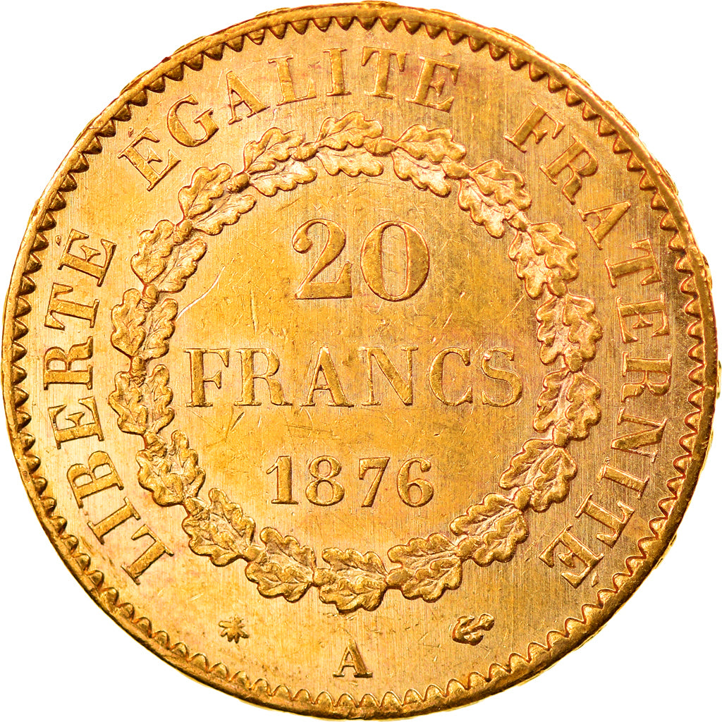 Moeda, França, Génie, 20 Francs, 1876, Paris, AU(55-58), Dourado, KM:825