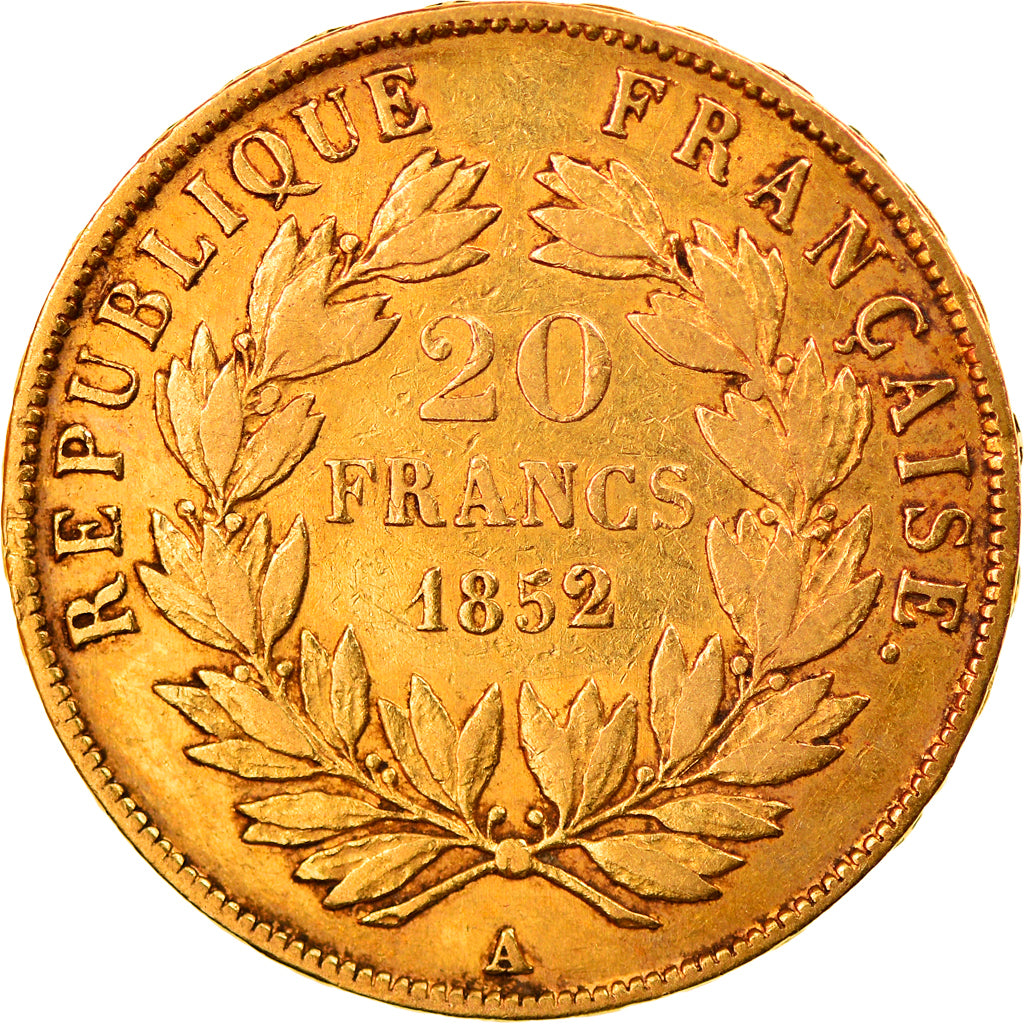 Moneda, Francia, Louis Napoleon, 20 Francs, 1852, Paris, MBC, Oro, KM:774