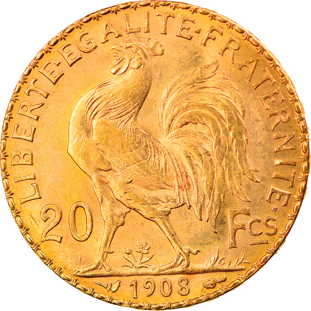 Moneta, Francja, Marianne, 20 Francs, 1908, Paris, AU(50-53), Złoto, KM:857