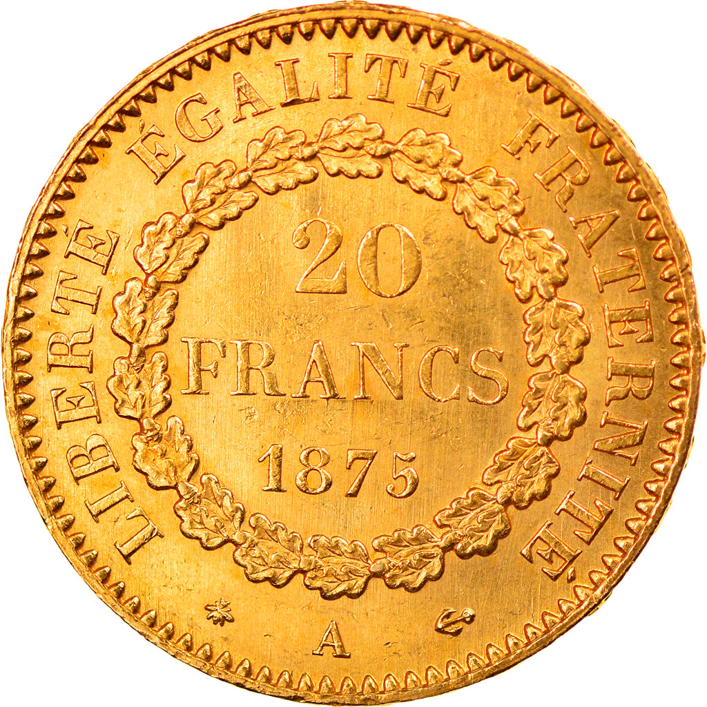 Moneta, Francja, Génie, 20 Francs, 1875, Paris, AU(55-58), Złoto, KM:825