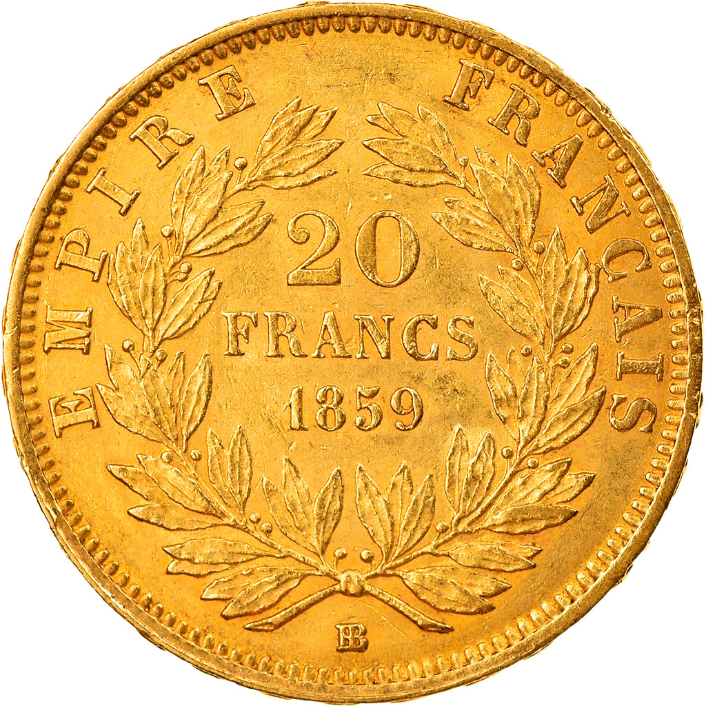 Munten, Frankrijk, Napoleon III, 20 Francs, 1859, Strasbourg, ZF, Goud