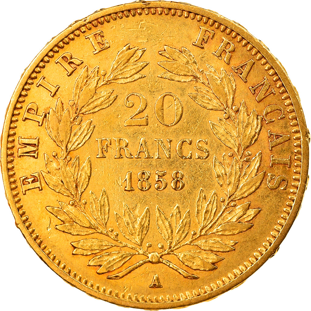 Moneda, Francia, Napoleon III, 20 Francs, 1858, Paris, MBC, Oro, KM:781.1