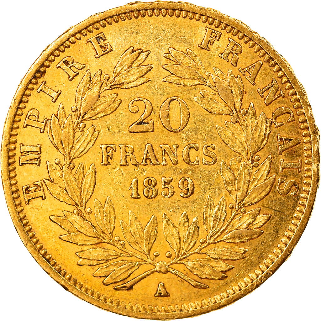 Moeda, França, Napoleon III, 20 Francs, 1859, Paris, AU(50-53), Dourado