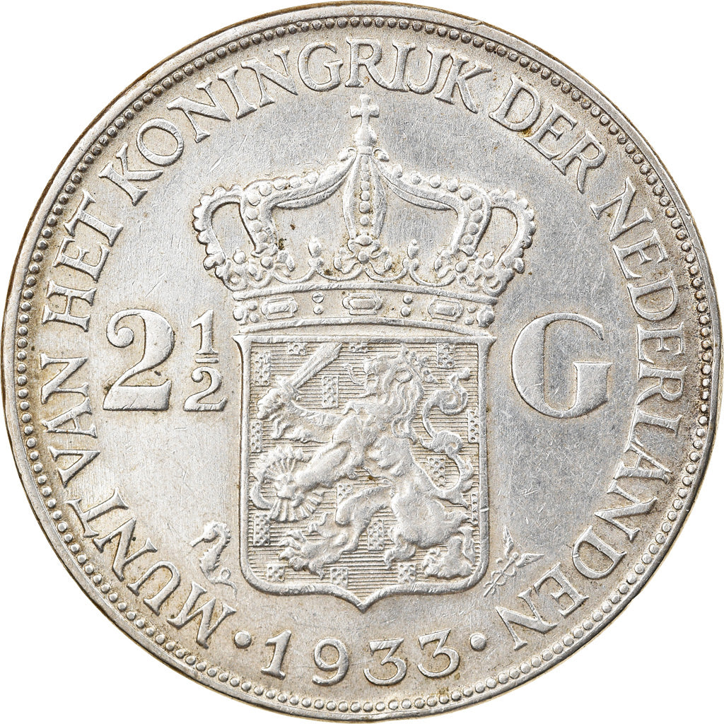 Coin, Netherlands, Wilhelmina I, 2-1/2 Gulden, 1933, AU(50-53), Silver, KM:165