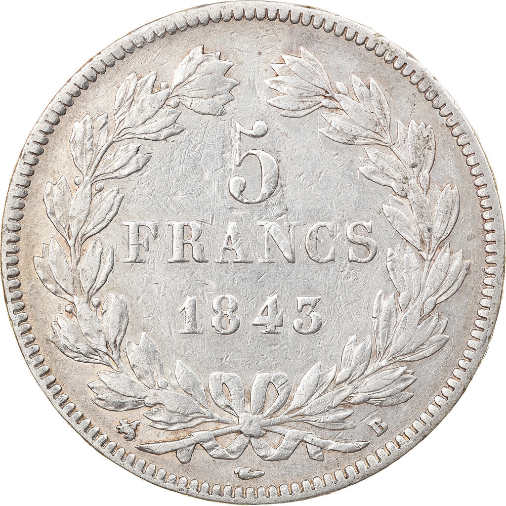 Moneta, Francia, Louis-Philippe, 5 Francs, 1843, Rouen, BB, Argento, KM:749.2