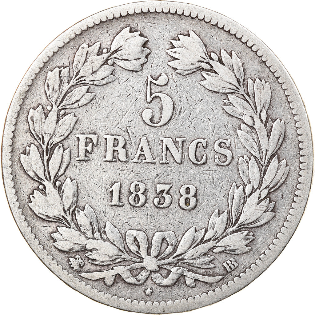 Coin, France, Louis-Philippe, 5 Francs, 1838, Strasbourg, VF(20-25), Silver