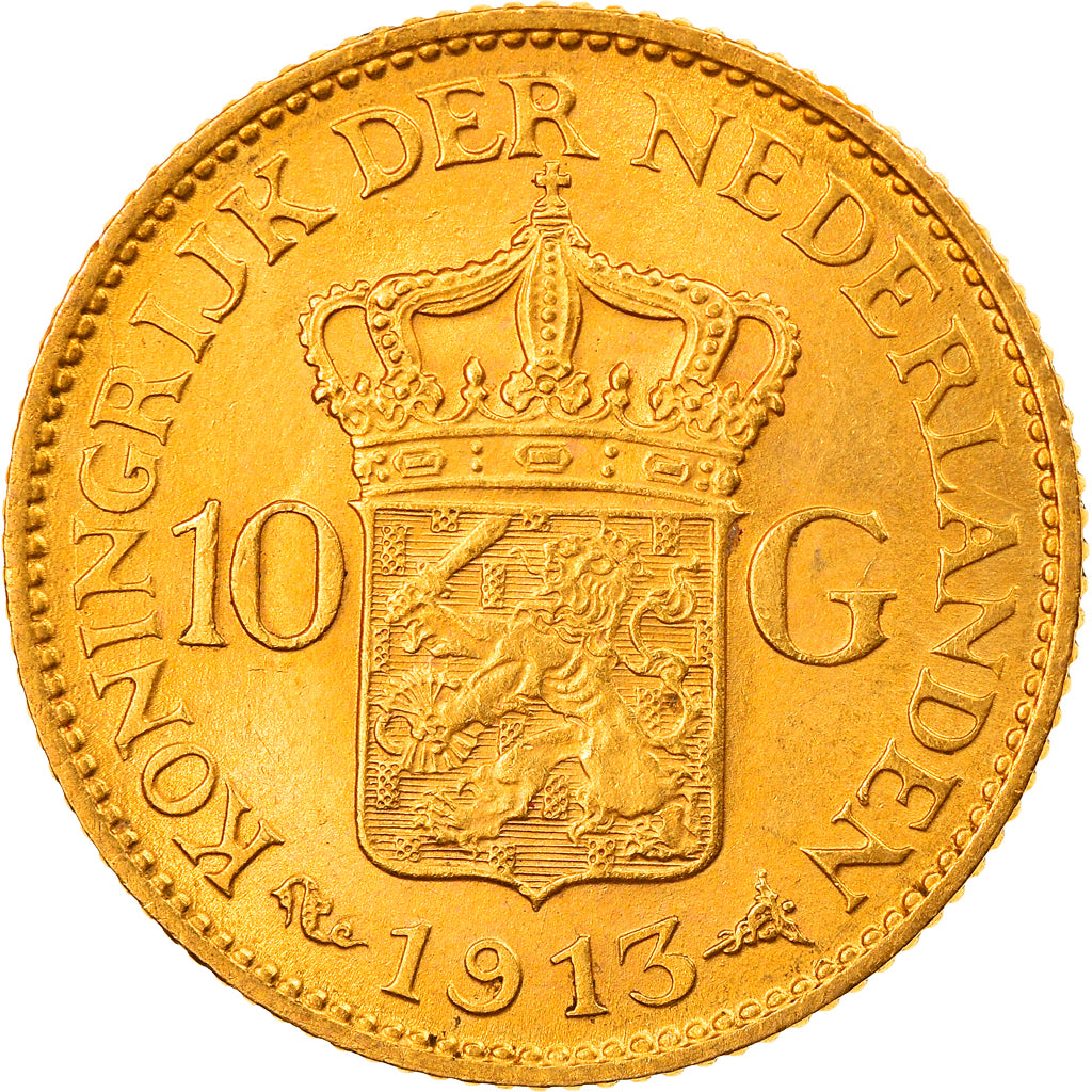 Coin, Netherlands, Wilhelmina I, 10 Gulden, 1913, AU(50-53), Gold, KM:149