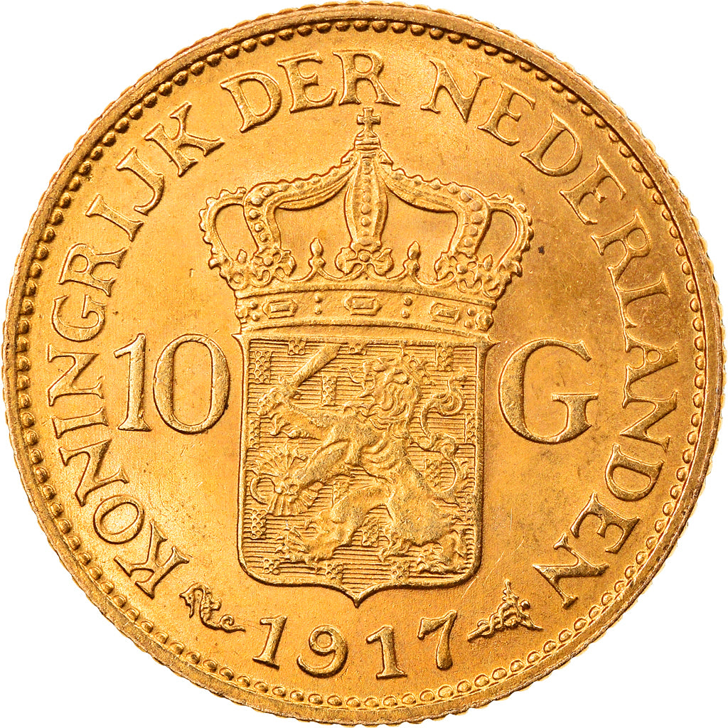 Coin, Netherlands, Wilhelmina I, 10 Gulden, 1917, AU(50-53), Gold, KM:149