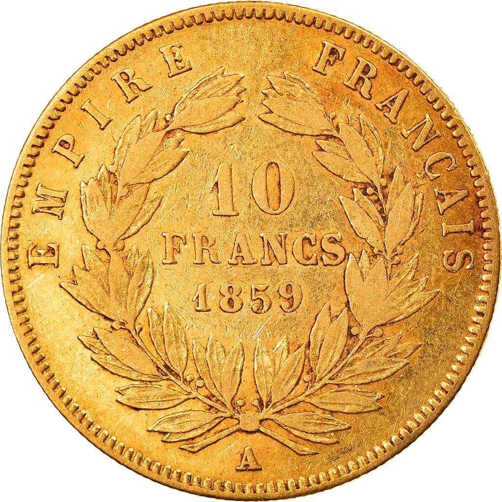 Moneda, Francia, Napoleon III, 10 Francs, 1859, Paris, MBC, Oro, KM:784.3