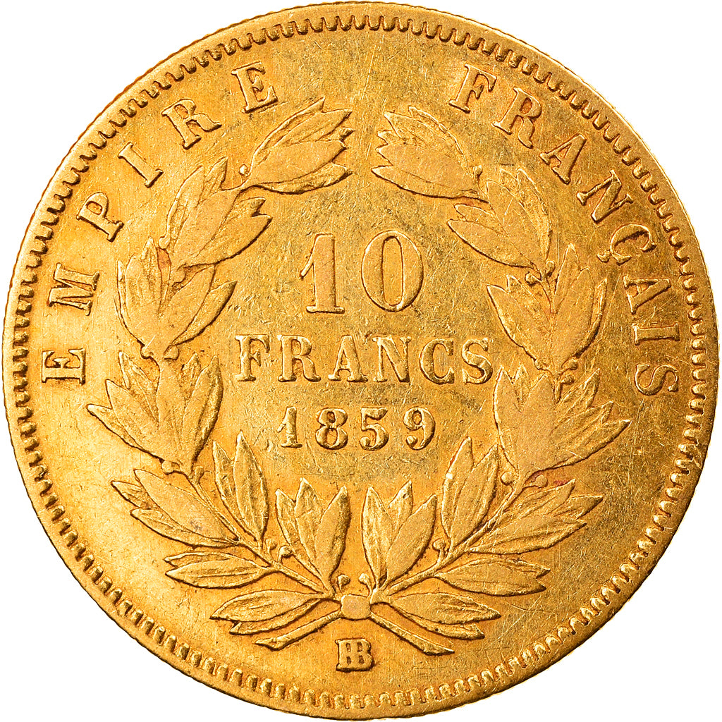 Moneda, Francia, Napoleon III, 10 Francs, 1859, Strasbourg, MBC, Oro, KM:784.2