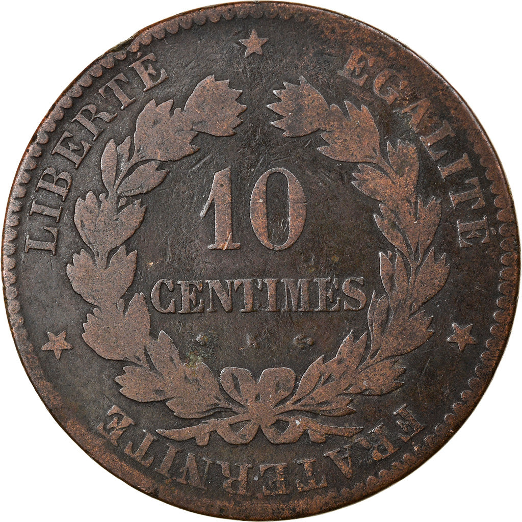 Moneta, Francia, Cérès, 10 Centimes, 1872, Bordeaux, B+, Bronzo, KM:815.2