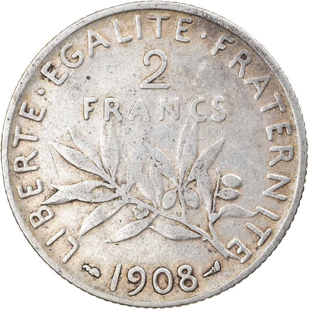 Munten, Frankrijk, Semeuse, 2 Francs, 1908, Paris, FR+, Zilver, KM:845.1