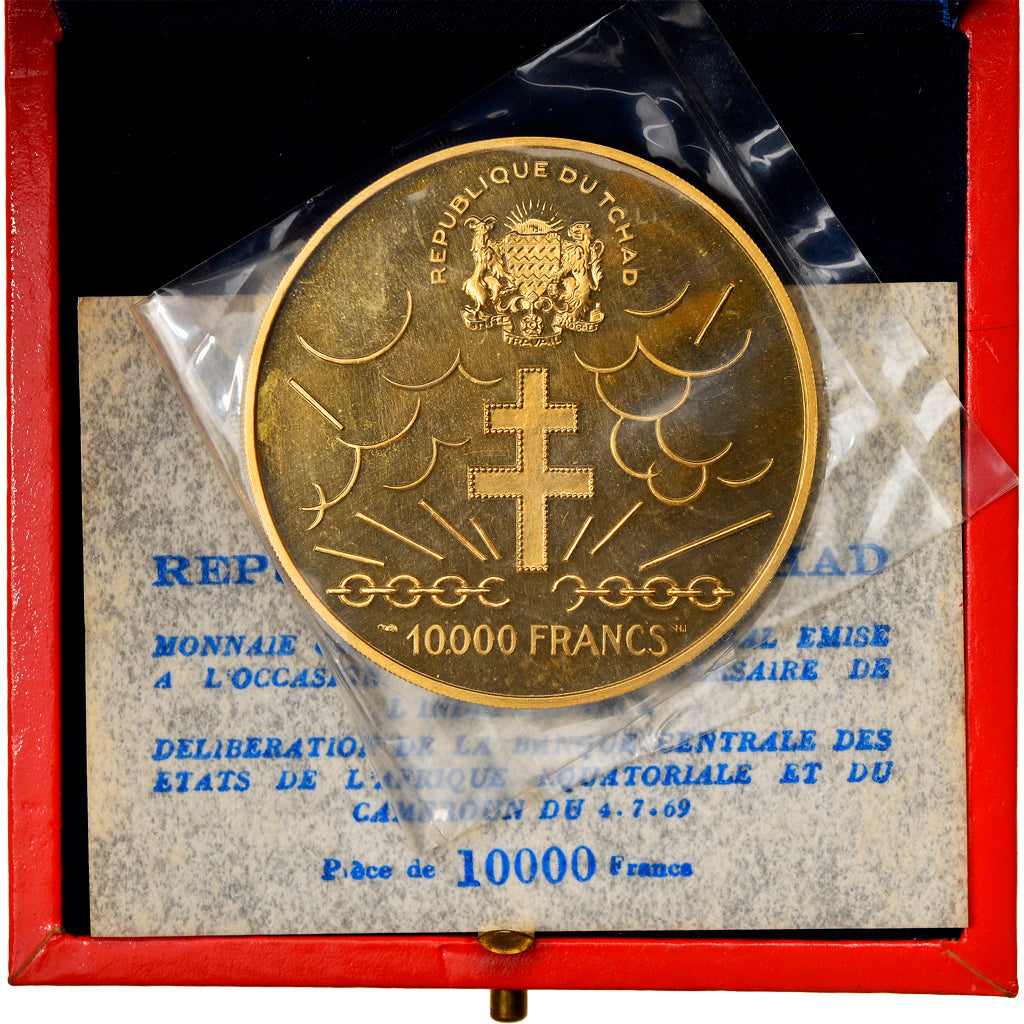 Coin, Chad, Général De Gaulle, 10000 Francs, 1970, MS(65-70), Gold, KM:11