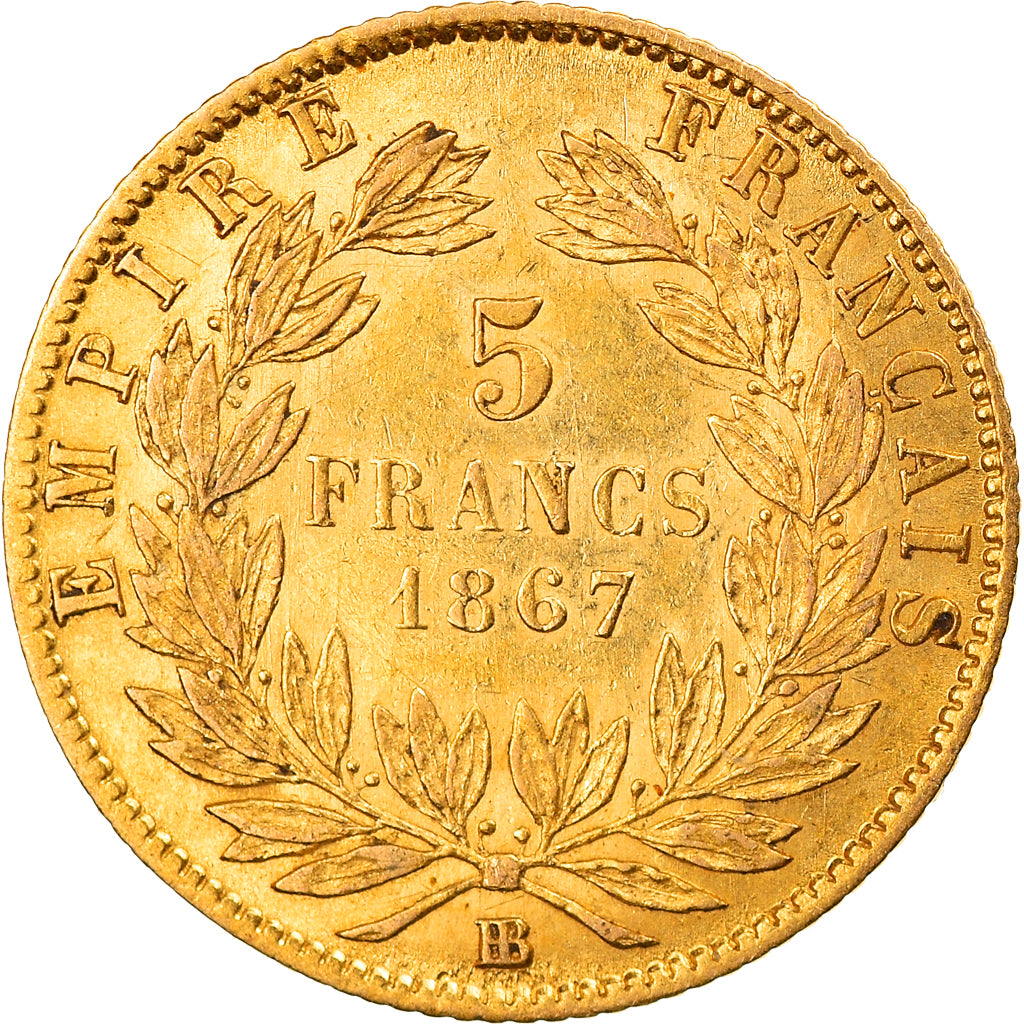 Moneta, Francia, Napoléon III, 5 Francs, 1867, Strasbourg, BB+, Oro, KM:803.2