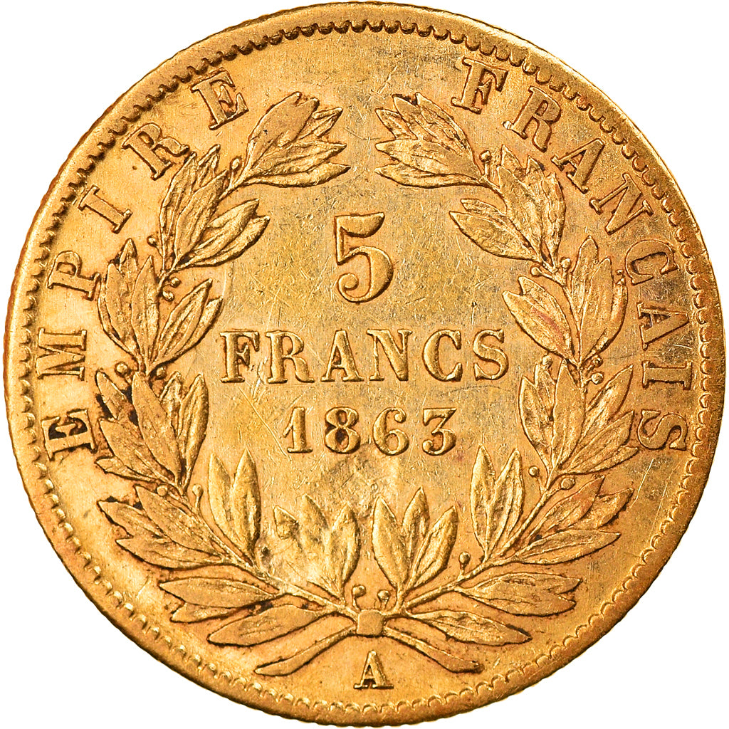 Moneta, Francia, Napoleon III, 5 Francs, 1863, Paris, BB, Oro, KM:803.1