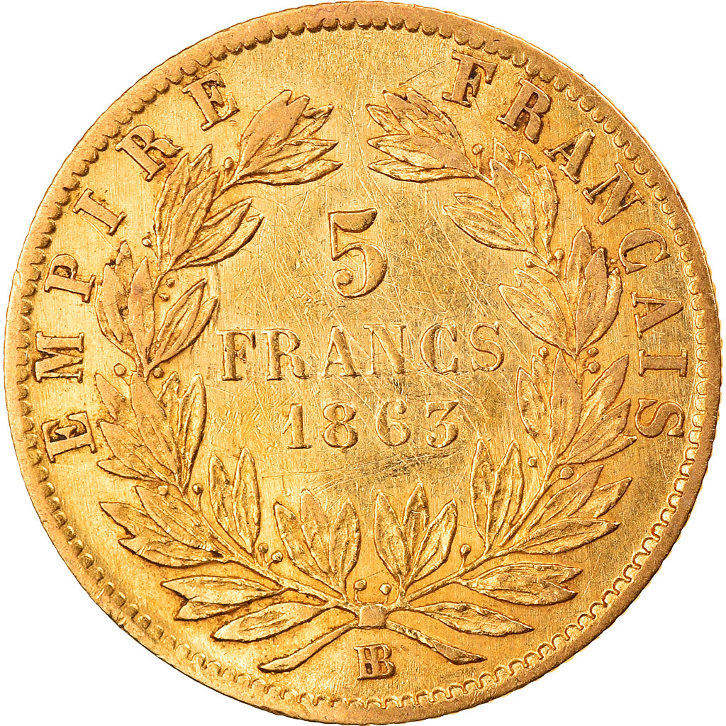 Münze, Frankreich, Napoleon III, 5 Francs, 1863, Strasbourg, S+, Gold