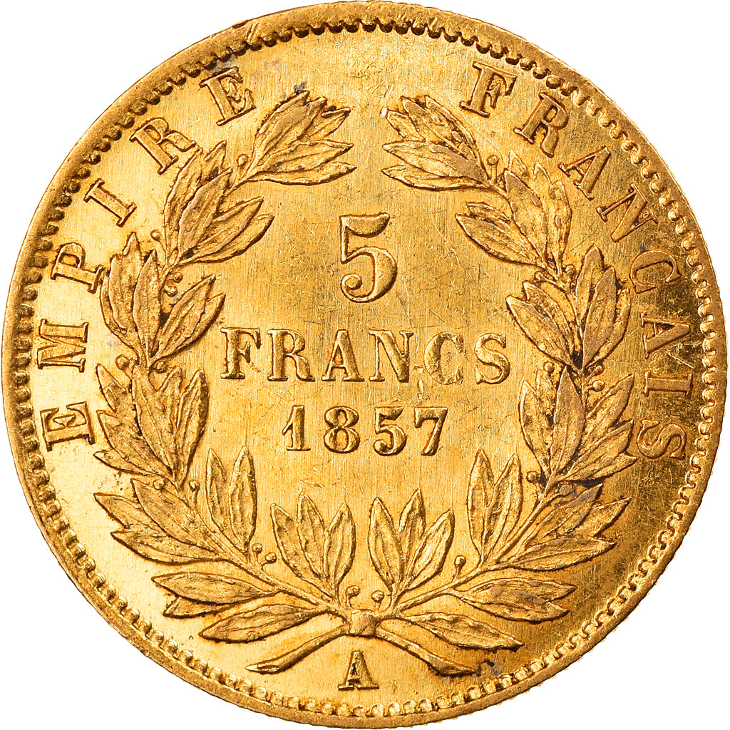 Moeda, França, Napoleon III, 5 Francs, 1857, Paris, AU(55-58), Dourado