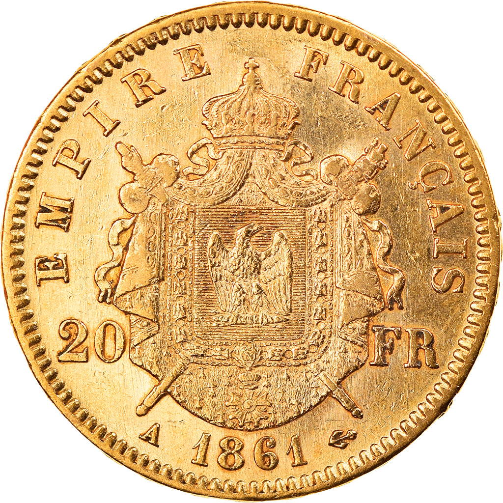 Moneta, Francia, Napoleon III, 20 Francs, 1861, Paris, BB+, Oro, KM:801.1