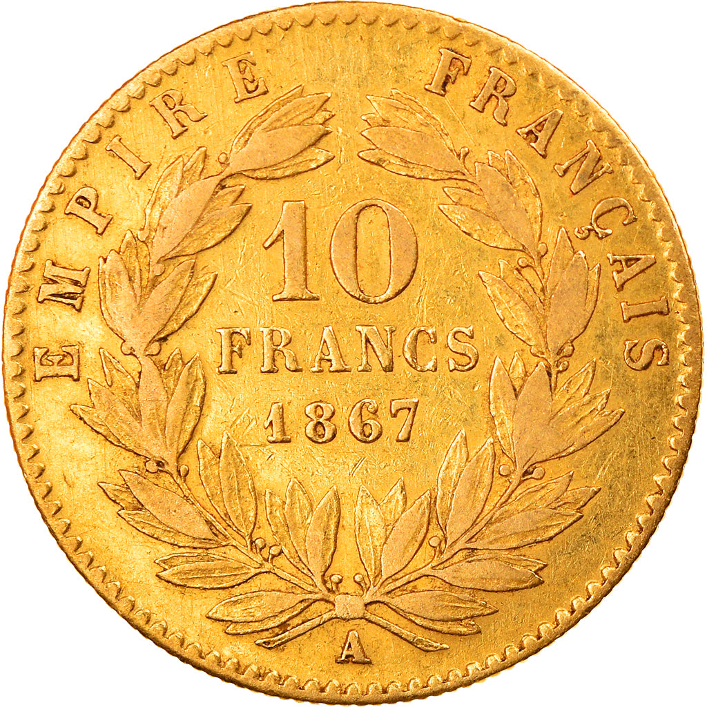 Coin, France, Napoleon III, 10 Francs, 1867, Paris, VF(30-35), KM 800.1