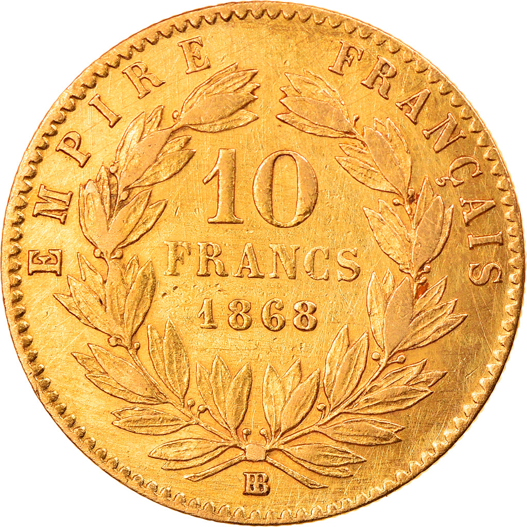 Moeda, França, Napoleon III, 10 Francs, 1868, Strasbourg, AU(50-53), Dourado